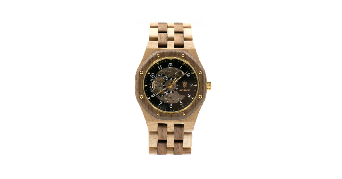 【新商品情報】自動巻き木製腕時計 ブラック文字盤 46mm 男性向け Meteor Walnut & Maple wood