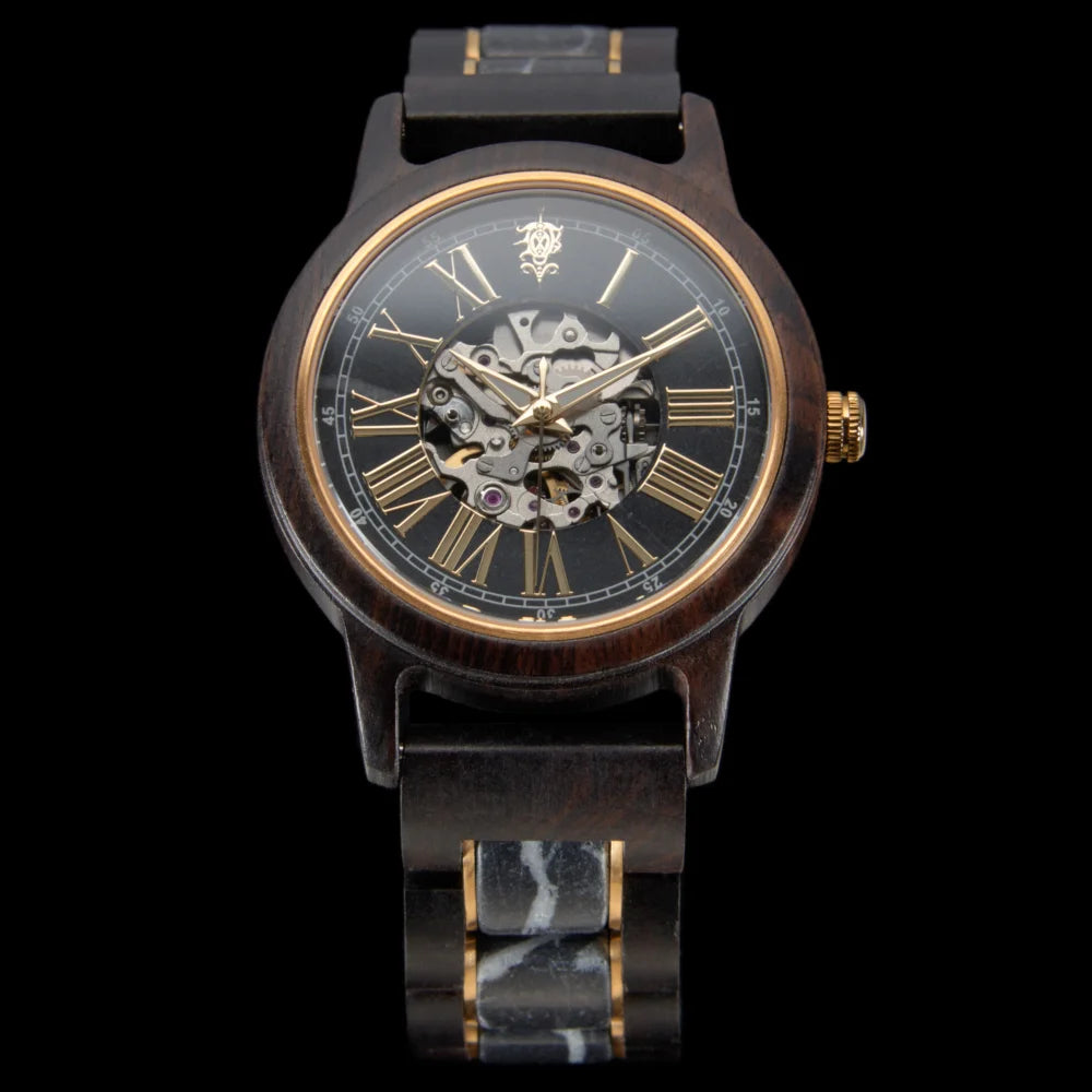 ブラックマルキーナとエボニーウッドの自動巻き木製腕時計 40mm 男性向け