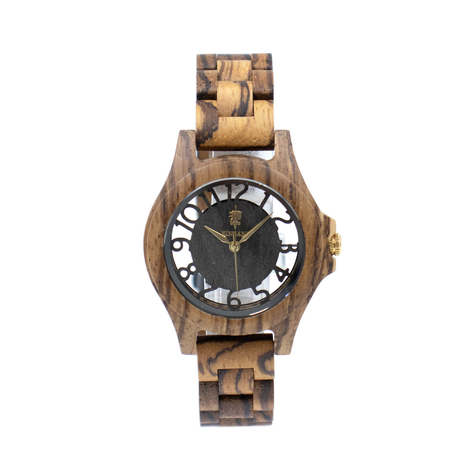 スケルトン仕様 ゼブラウッドの木製腕時計 サンダルウッド文字盤 34mm 女性向け Freiheit Zebrawood