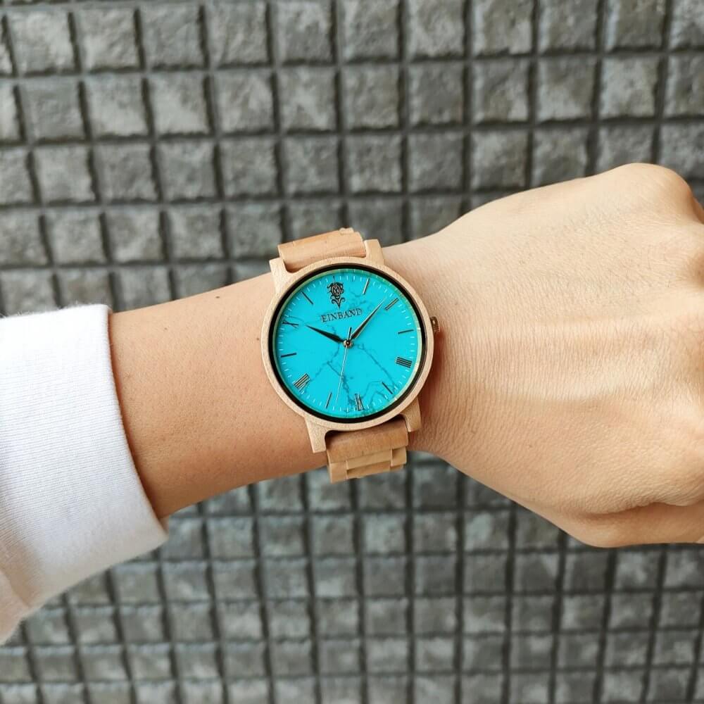 ターコイズとメイプルウッドの木製腕時計 40mm 男性向け Reise