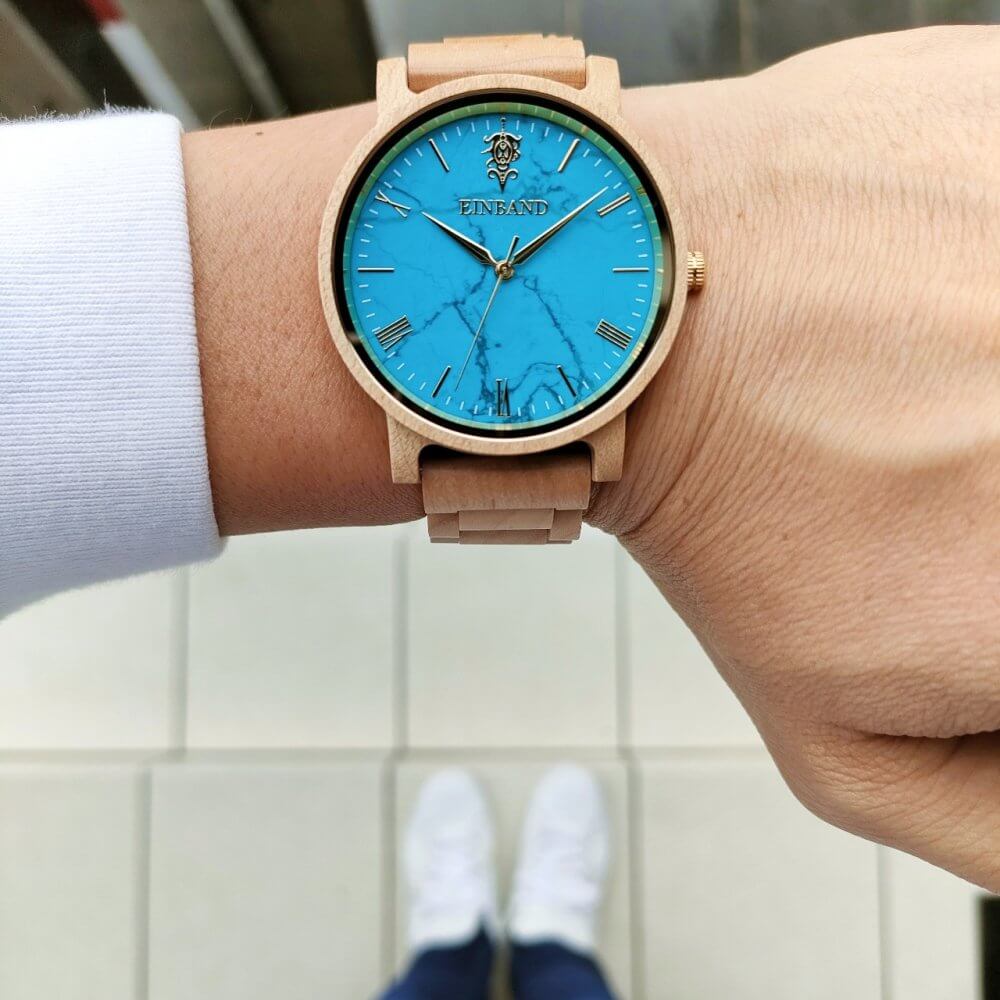 ターコイズとメイプルウッドの木製腕時計 40mm 男性向け Reise