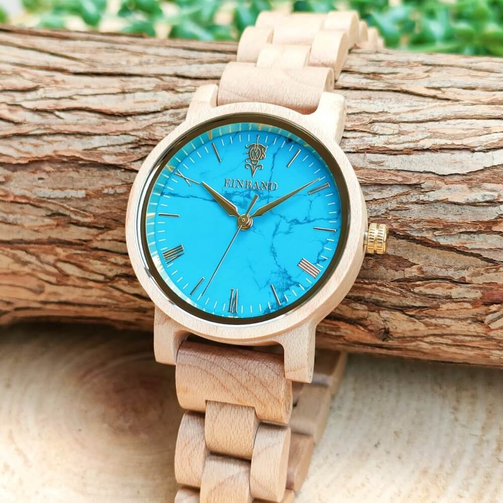 ターコイズとメイプルウッドの木製腕時計 32mm 女性向け Reise