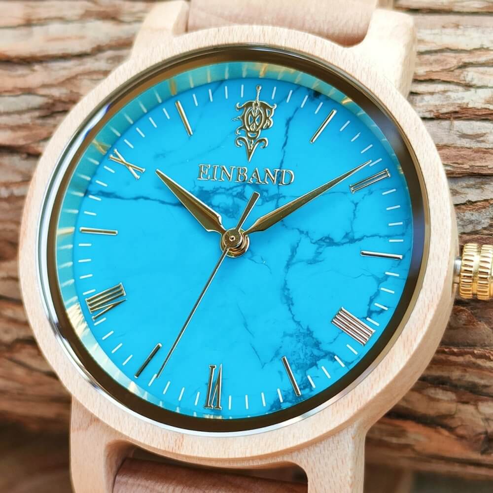 ターコイズとメイプルウッドの木製腕時計 32mm 女性向け Reise