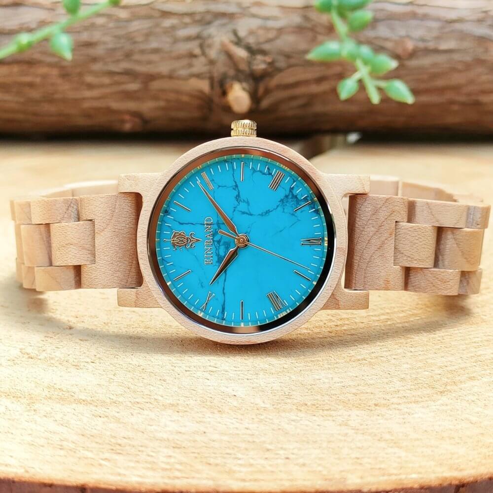 ターコイズとメイプルウッドの木製腕時計 32mm 女性向け Reise