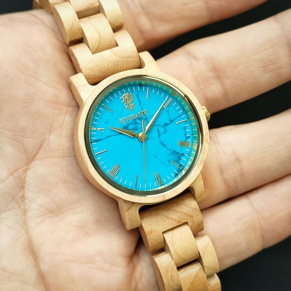 ターコイズとメイプルウッドの木製腕時計 32mm 女性向け Reise