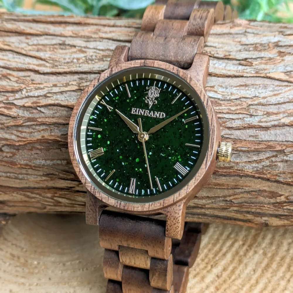 グリーンサンドストーンの木製腕時計 32mm 女性向け Reise Green sandstone × Walnut