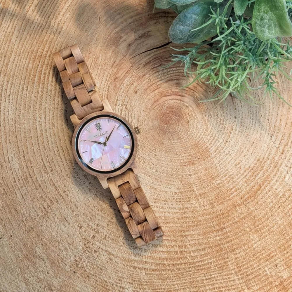ピンクマザーオブパールとオリーブの木製腕時計 32mm 女性向け Reise