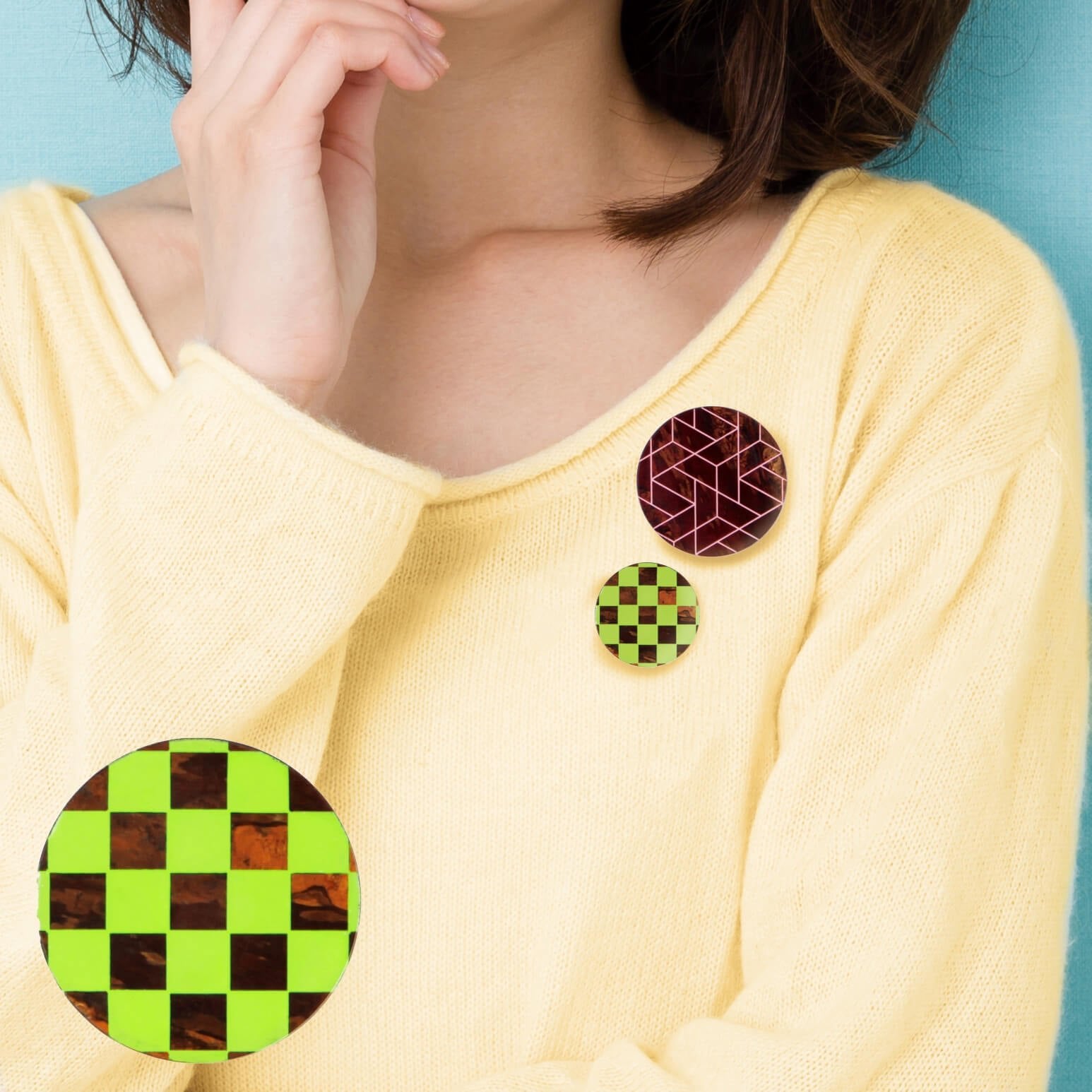 KAVERS 市松(若草色) 秋田の伝統工芸 樺細工のブローチ