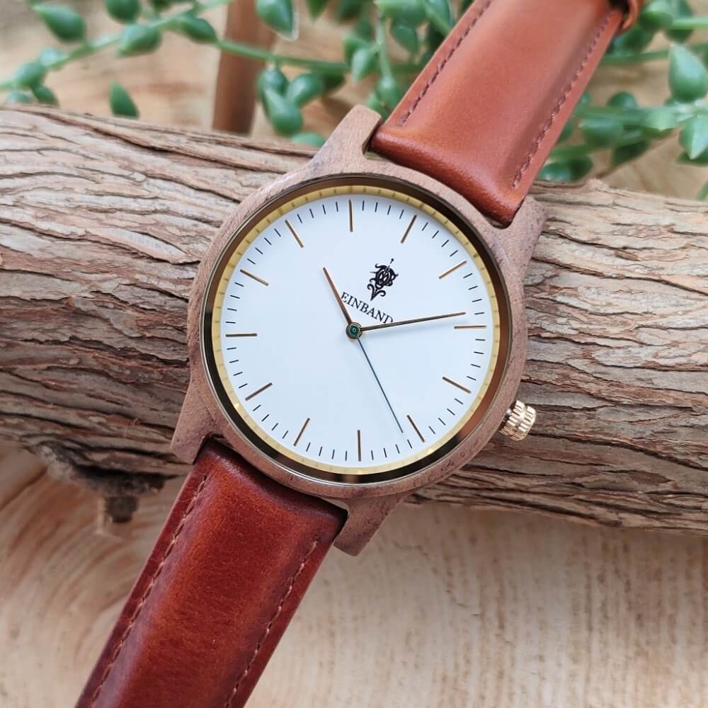 クルミの木製腕時計 40mm 男性向け Glanz WHITE 本革レザーベルト ブラウン 茶
