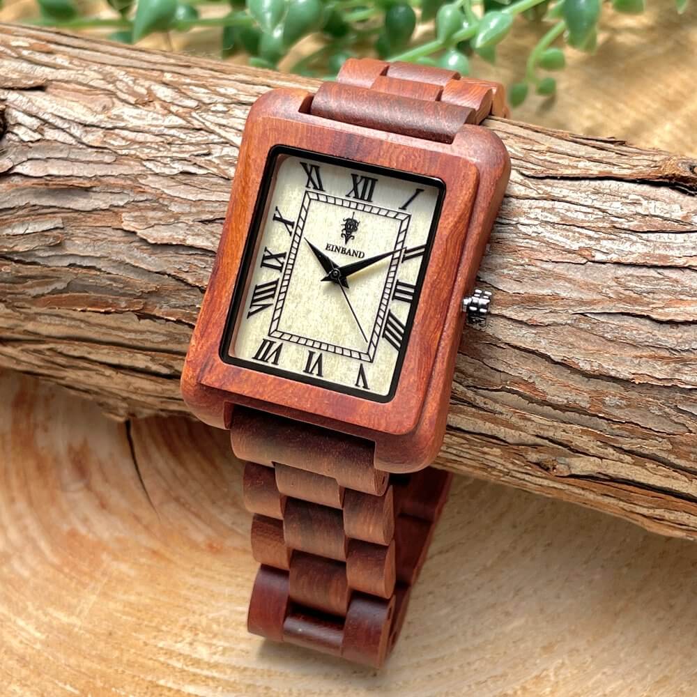 スクエア木製腕時計 44×34mm 男性向け Licht Red sandalwood
