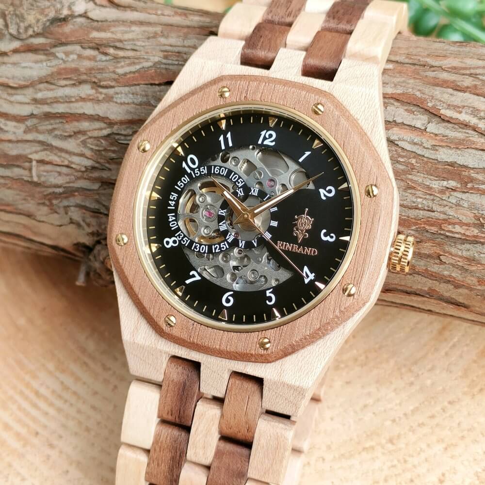 自動巻き木製腕時計 ブラック文字盤 46mm 男性向け Meteor Walnut & Maple wood