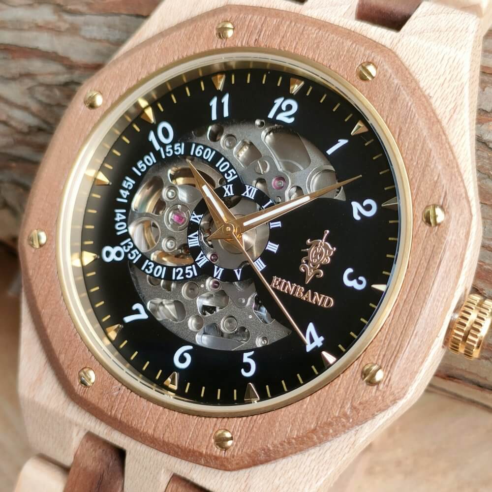 自動巻き木製腕時計 ブラック文字盤 46mm 男性向け Meteor Walnut & Maple wood