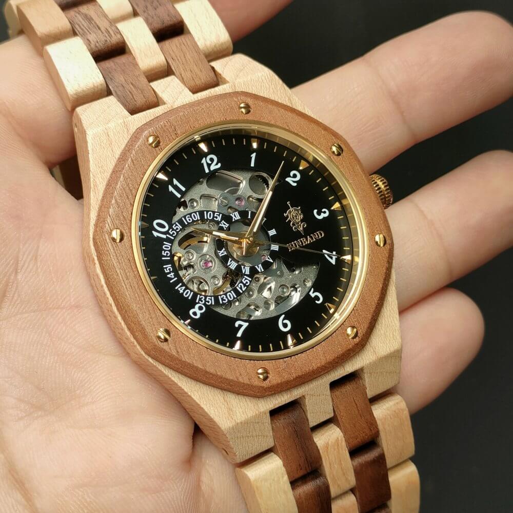 自動巻き木製腕時計 ブラック文字盤 46mm 男性向け Meteor Walnut & Maple wood