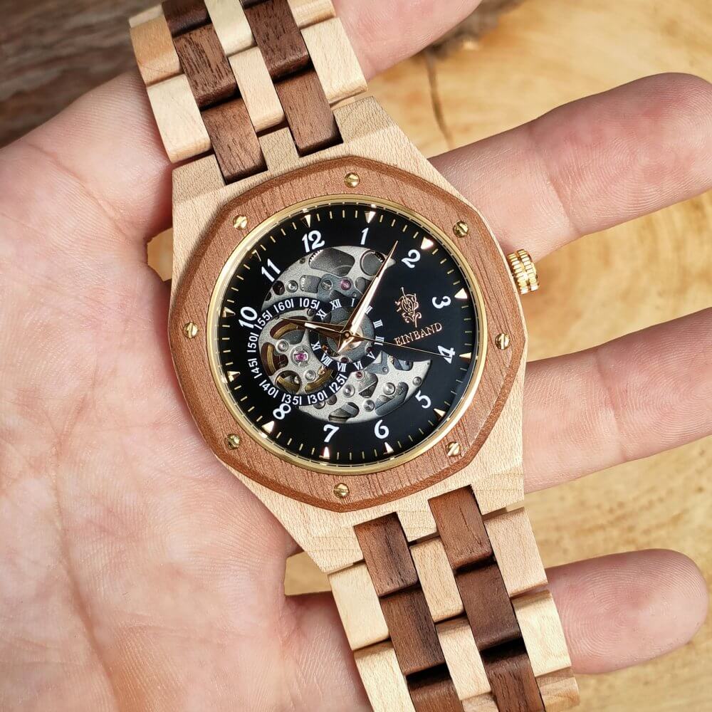 自動巻き木製腕時計 ブラック文字盤 46mm 男性向け Meteor Walnut & Maple wood