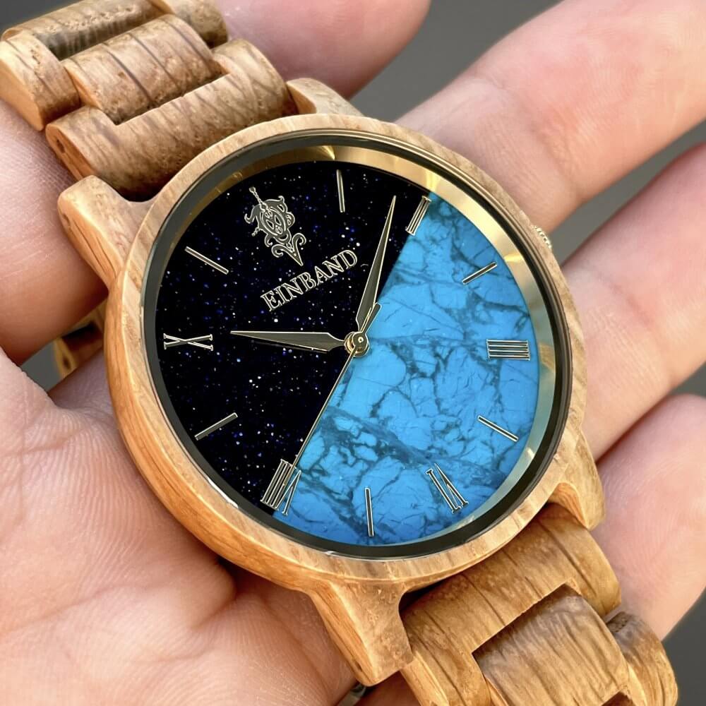 ターコイズの木製腕時計 32mm 女性向け Reise Blue sandstone × Turquoise & Oak Wood