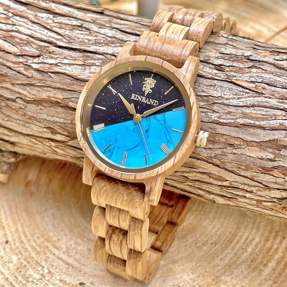 ターコイズの木製腕時計 32mm 女性向け Reise Blue sandstone × Turquoise & Oak Wood