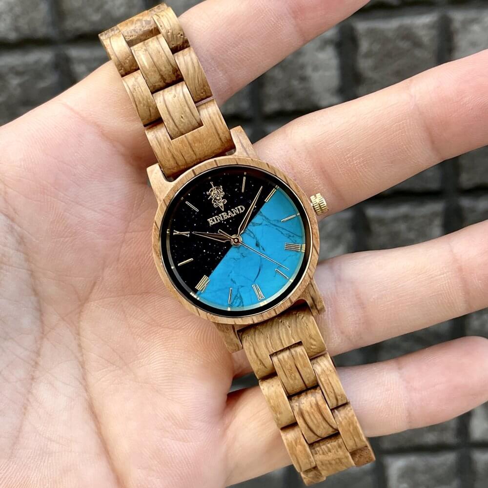 ターコイズの木製腕時計 32mm 女性向け Reise Blue sandstone × Turquoise & Oak Wood