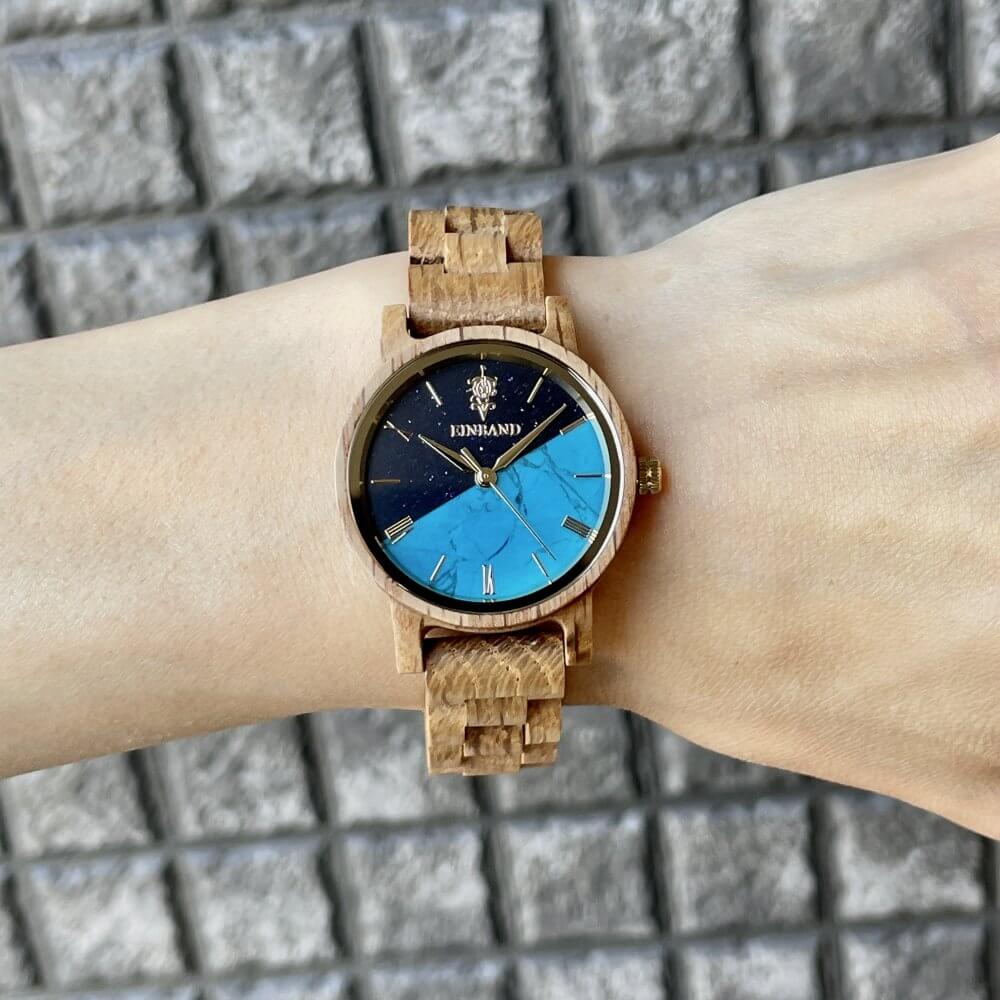 ターコイズの木製腕時計 32mm 女性向け Reise Blue sandstone × Turquoise & Oak Wood
