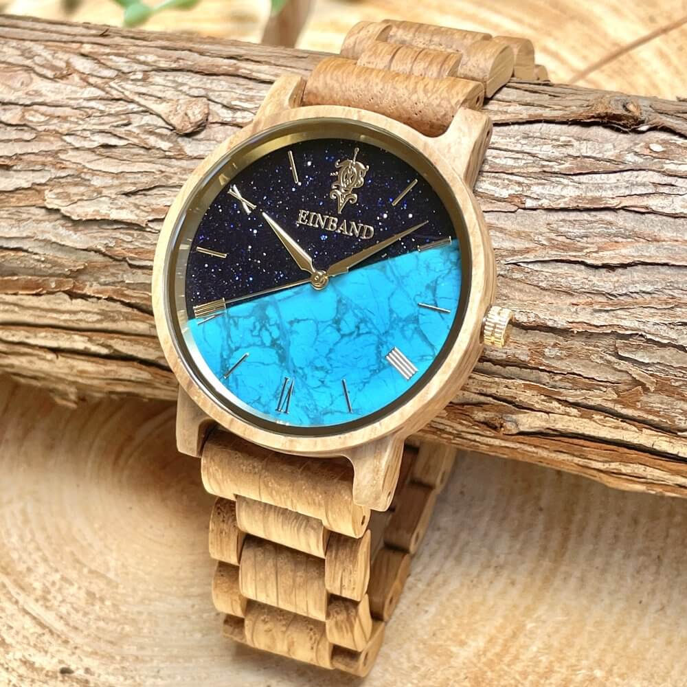 ターコイズの木製腕時計 40mm 男性向け Reise Blue sandstone × Turquoise & Oak Wood