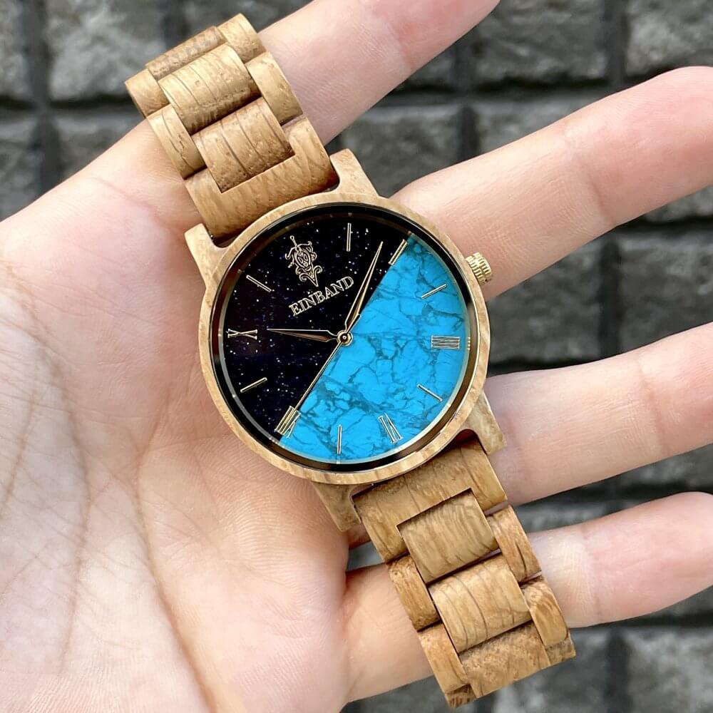 ターコイズの木製腕時計 40mm 男性向け Reise Blue sandstone × Turquoise & Oak Wood