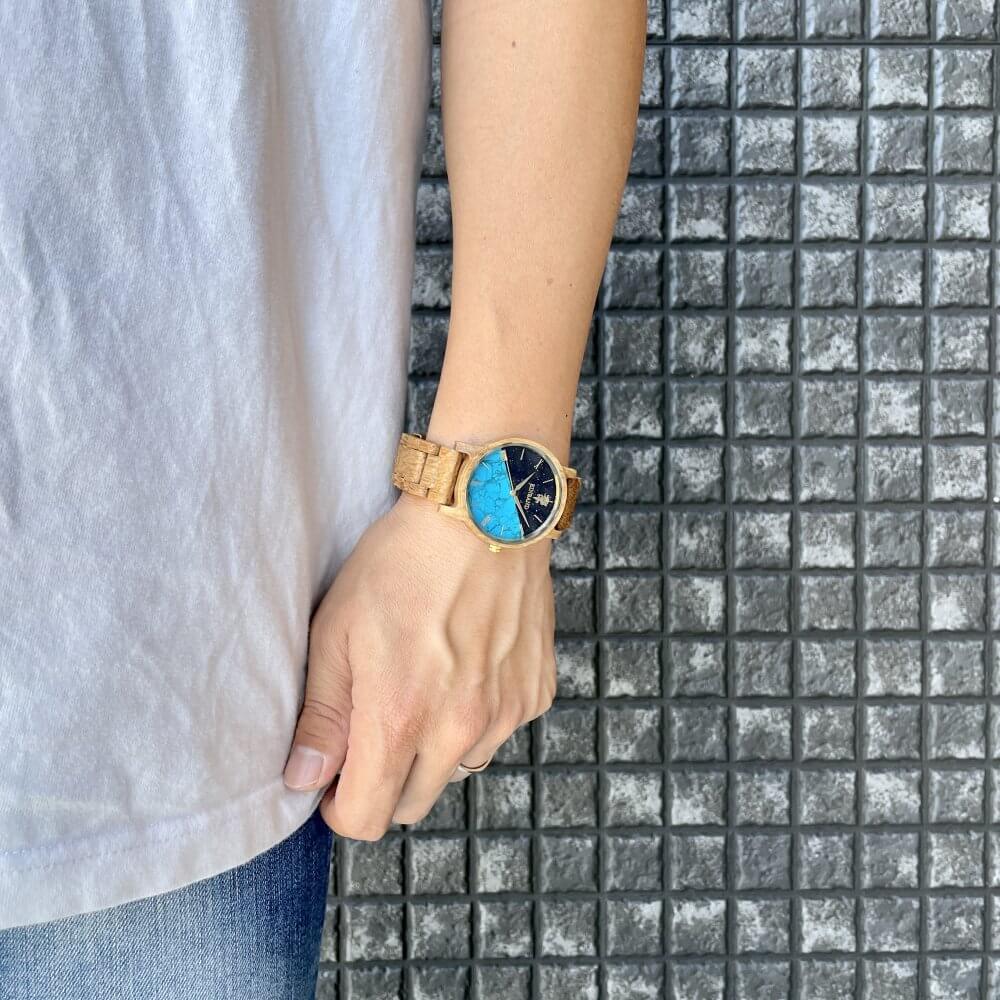 ターコイズの木製腕時計 40mm 男性向け Reise Blue sandstone × Turquoise & Oak Wood