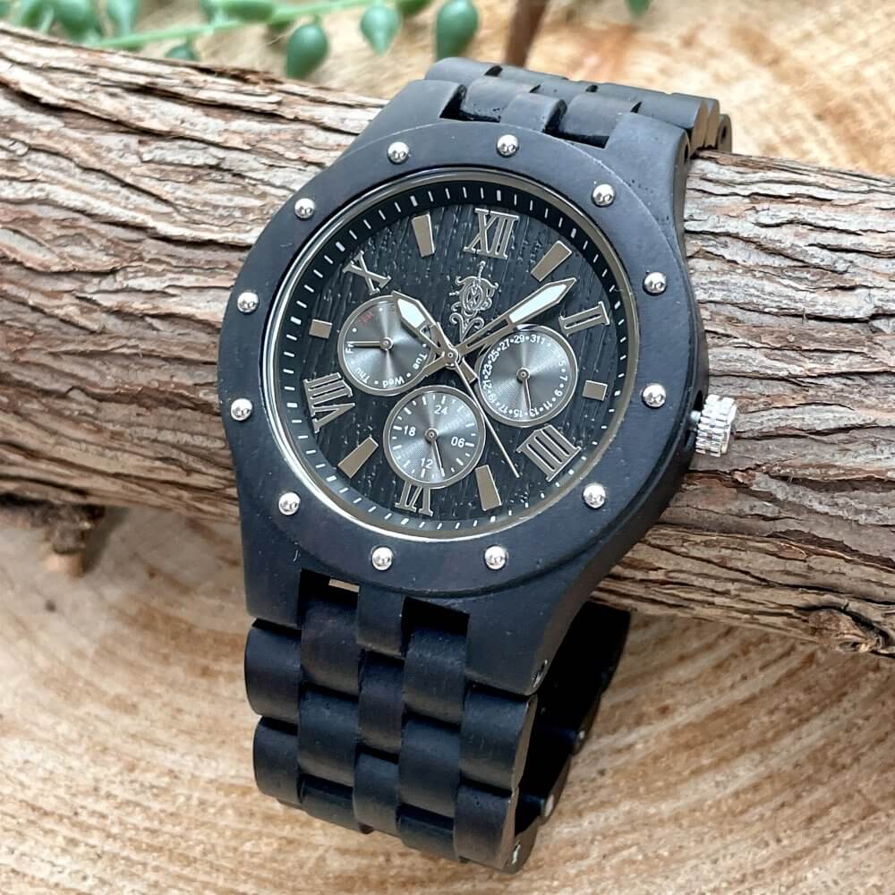 マルチカレンダー木製腕時計 46mm 男性向け Sand Ebony