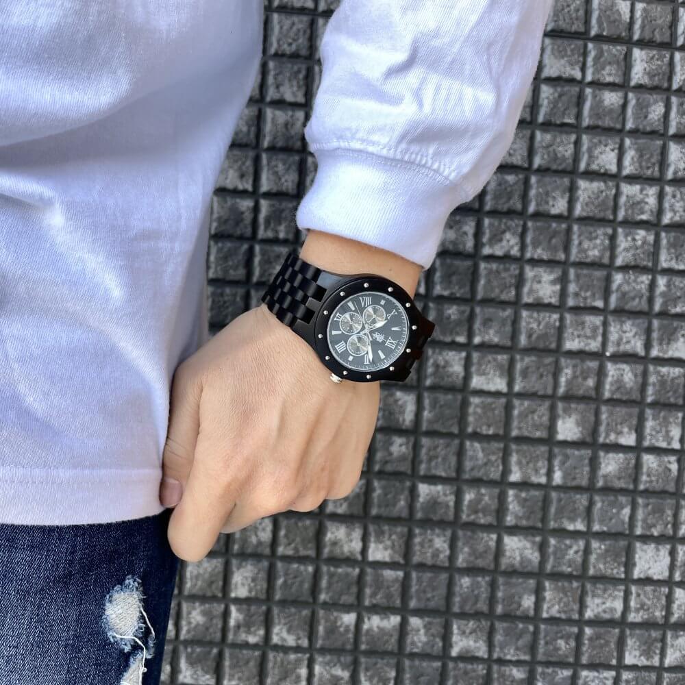 マルチカレンダー木製腕時計 46mm 男性向け Sand Ebony