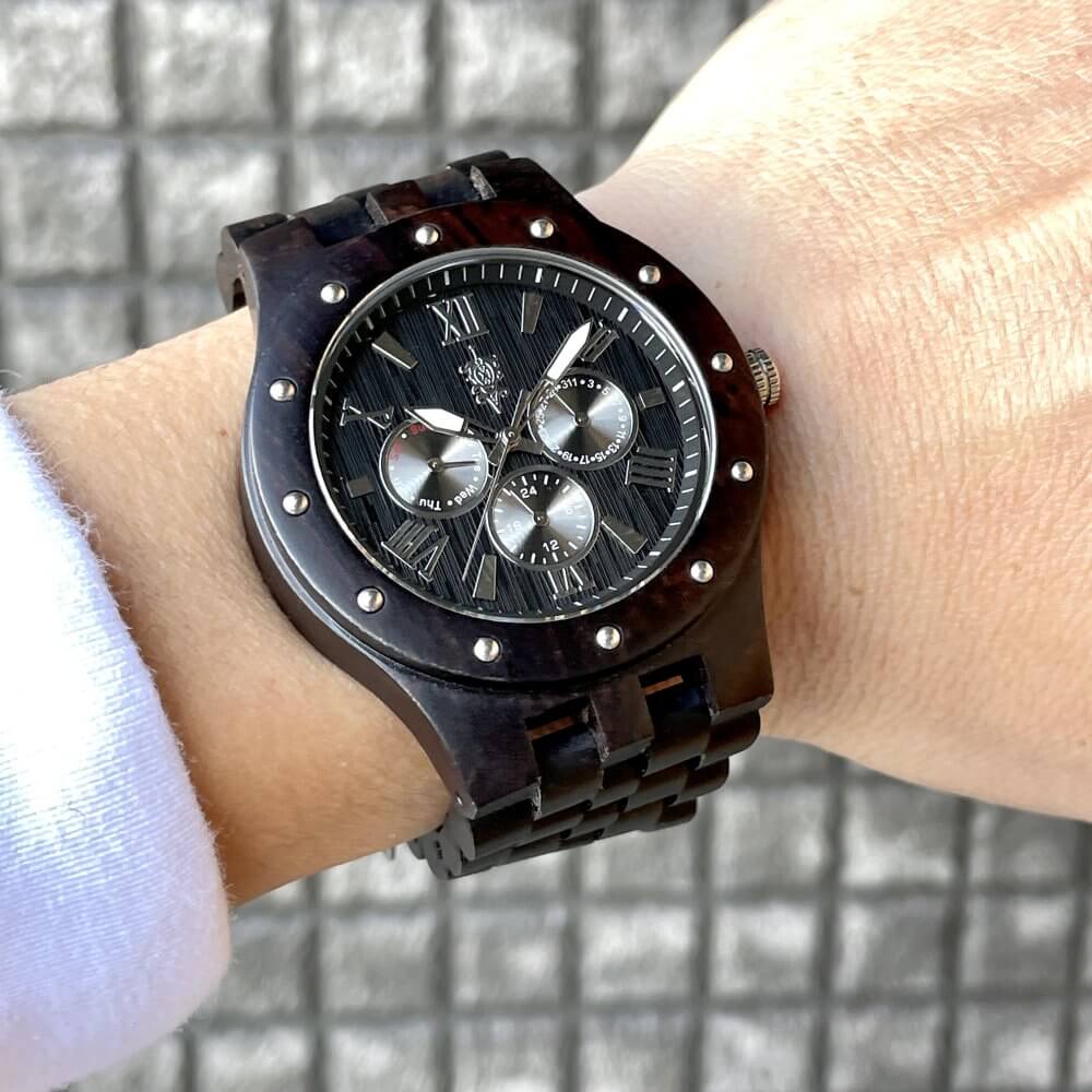 マルチカレンダー木製腕時計 46mm 男性向け Sand Ebony