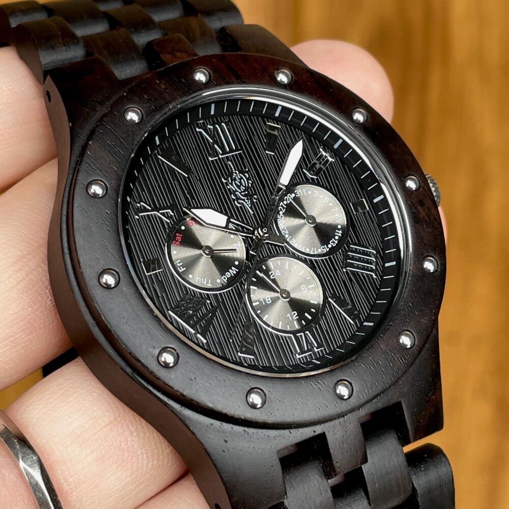 マルチカレンダー木製腕時計 46mm 男性向け Sand Ebony