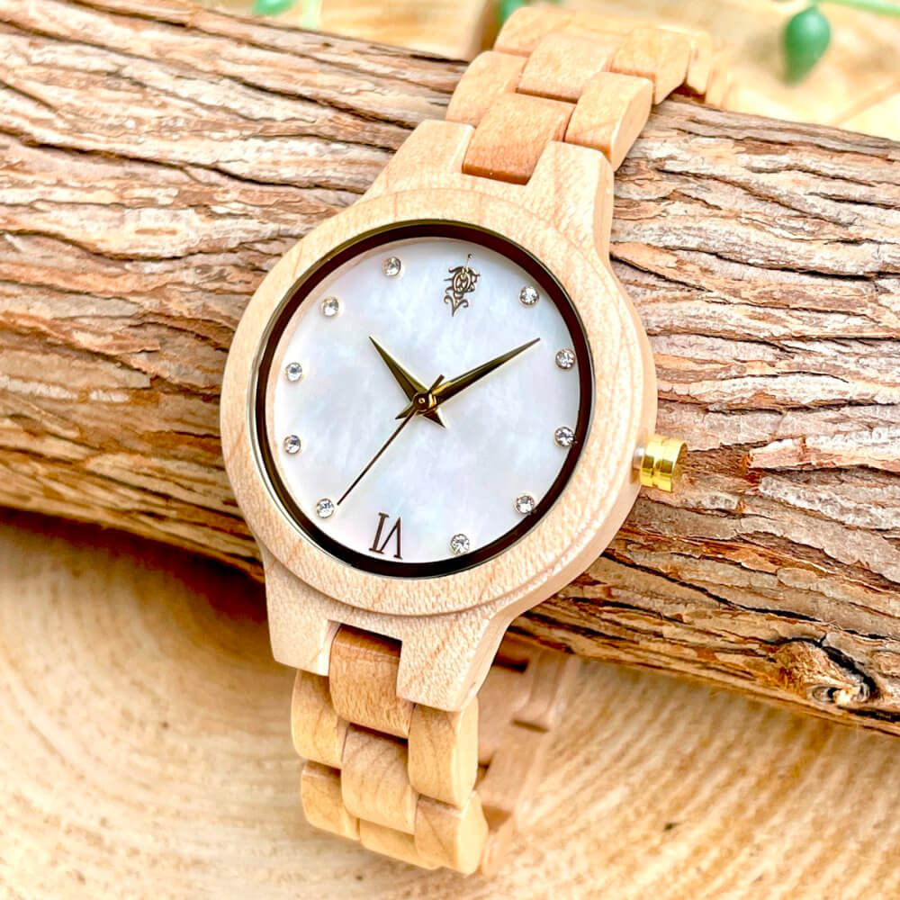 天然貝木製腕時計 34mm 女性向け Prima Maple wood × Mother of pearl