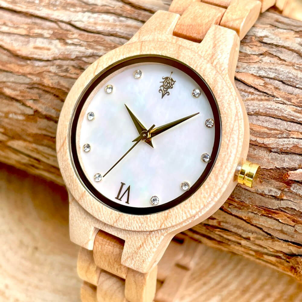 天然貝木製腕時計 34mm 女性向け Prima Maple wood × Mother of pearl