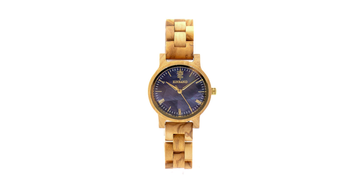 【新商品情報】ネイビーブルーマザーオブパールとオリーブの木製腕時計 32mm 女性向け Reise