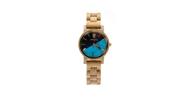 【新商品情報】ターコイズの木製腕時計 32mm 女性向け Reise Blue sandstone × Turquoise & Oak Wood