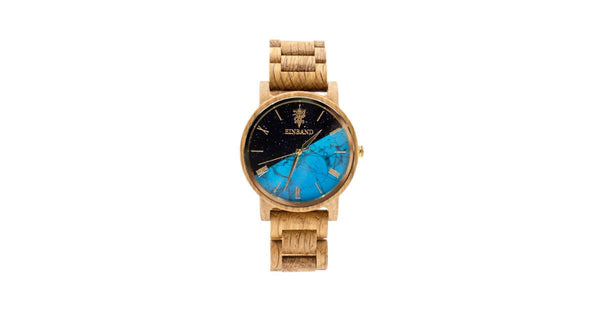 【新商品情報】ターコイズの木製腕時計 40mm 男性向け Reise Blue sandstone × Turquoise & Oak Wood