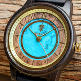 ターコイズとサンダルウッドの木製腕時計 32mm 女性向け Anmut