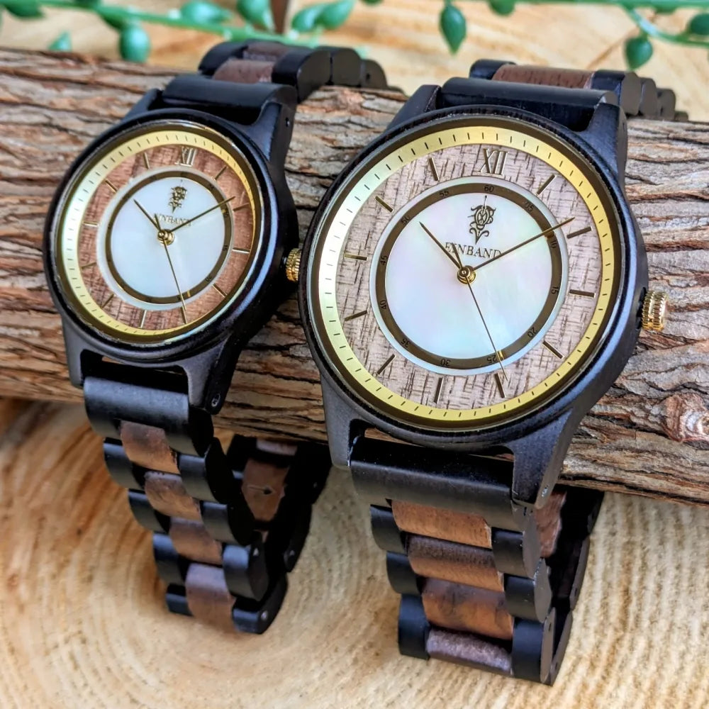 マザーオブパールとエボニー＆クルミの木製腕時計 40mm 男性向け Anmut