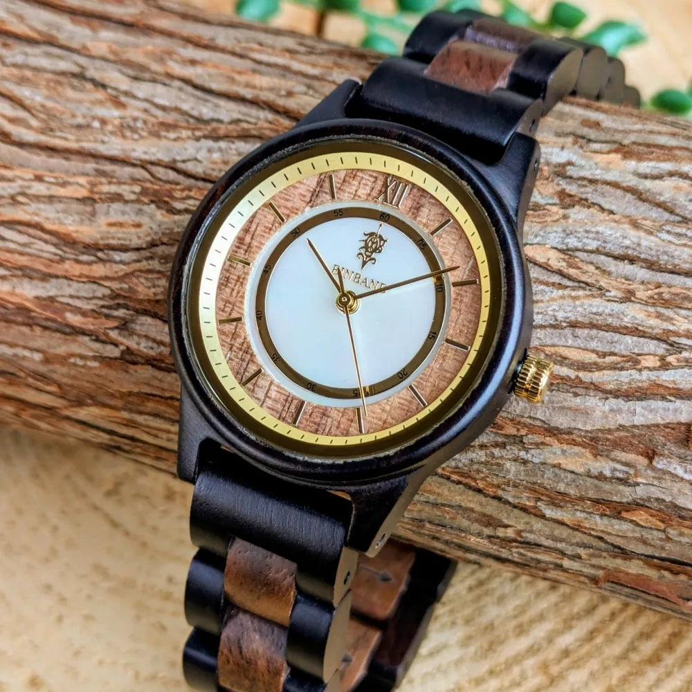 Mother of Pearl, Ebony &amp; Walnut Wooden Watch 32mm for Women Anmut