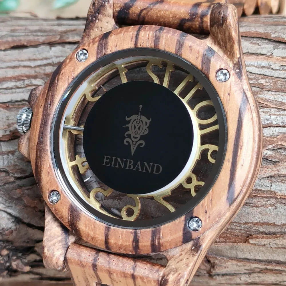 スケルトン仕様 ゼブラウッドの木製腕時計 34mm 女性向け Freiheit Zebrawood