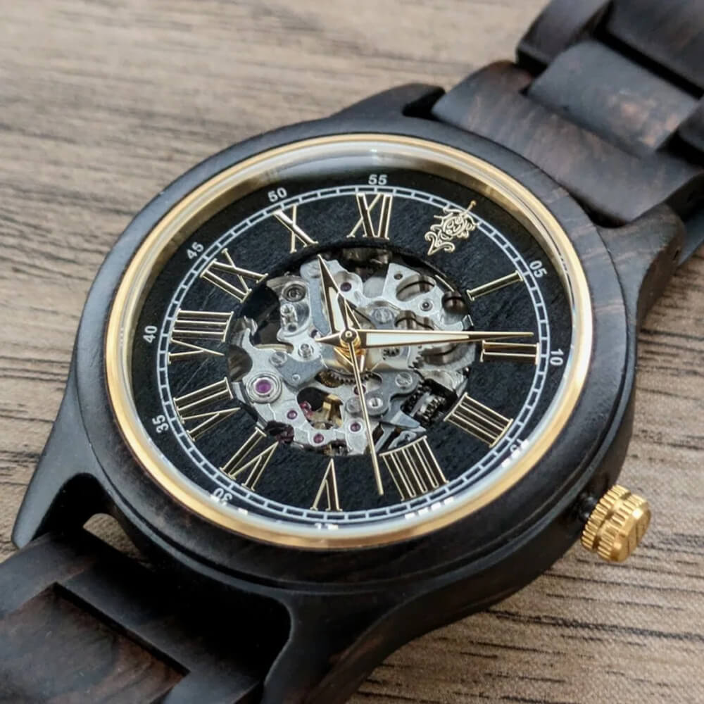 エボニーウッドの自動巻き木製腕時計 40mm 男性向け Frieden