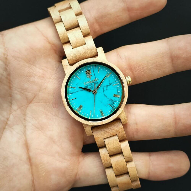 ターコイズとメイプルウッドの木製腕時計 32mm 女性向け Reise