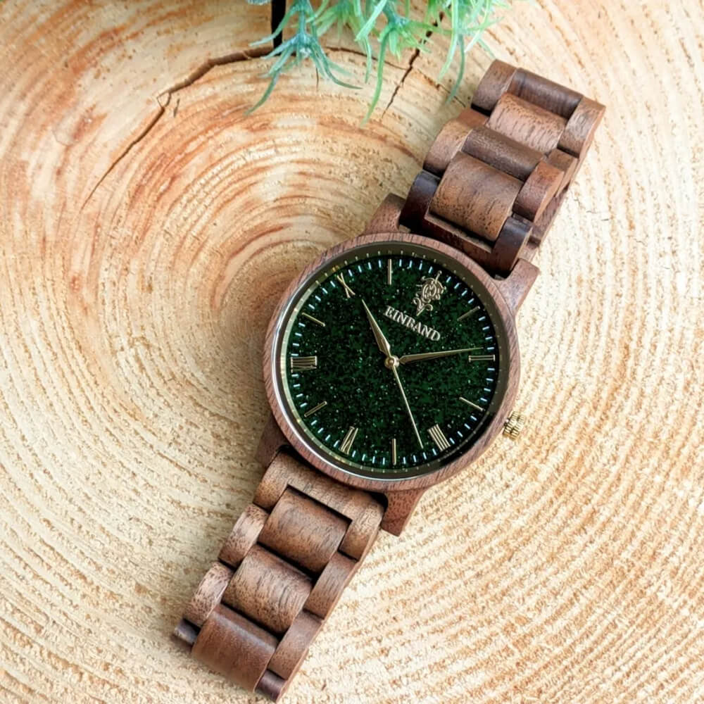 グリーンサンドストーンとクルミの木製腕時計 40mm 男性向け Reise Green sandstone × Walnut