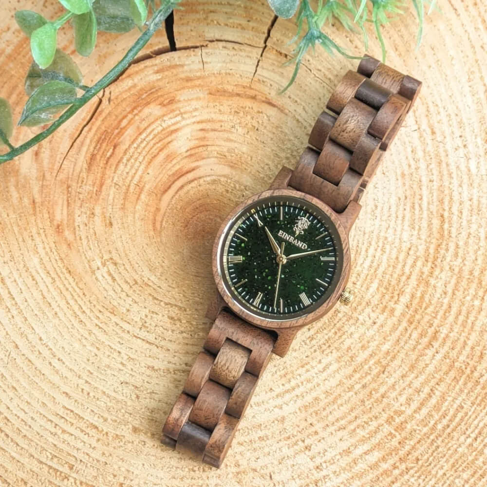 グリーンサンドストーンの木製腕時計 32mm 女性向け Reise Green sandstone × Walnut