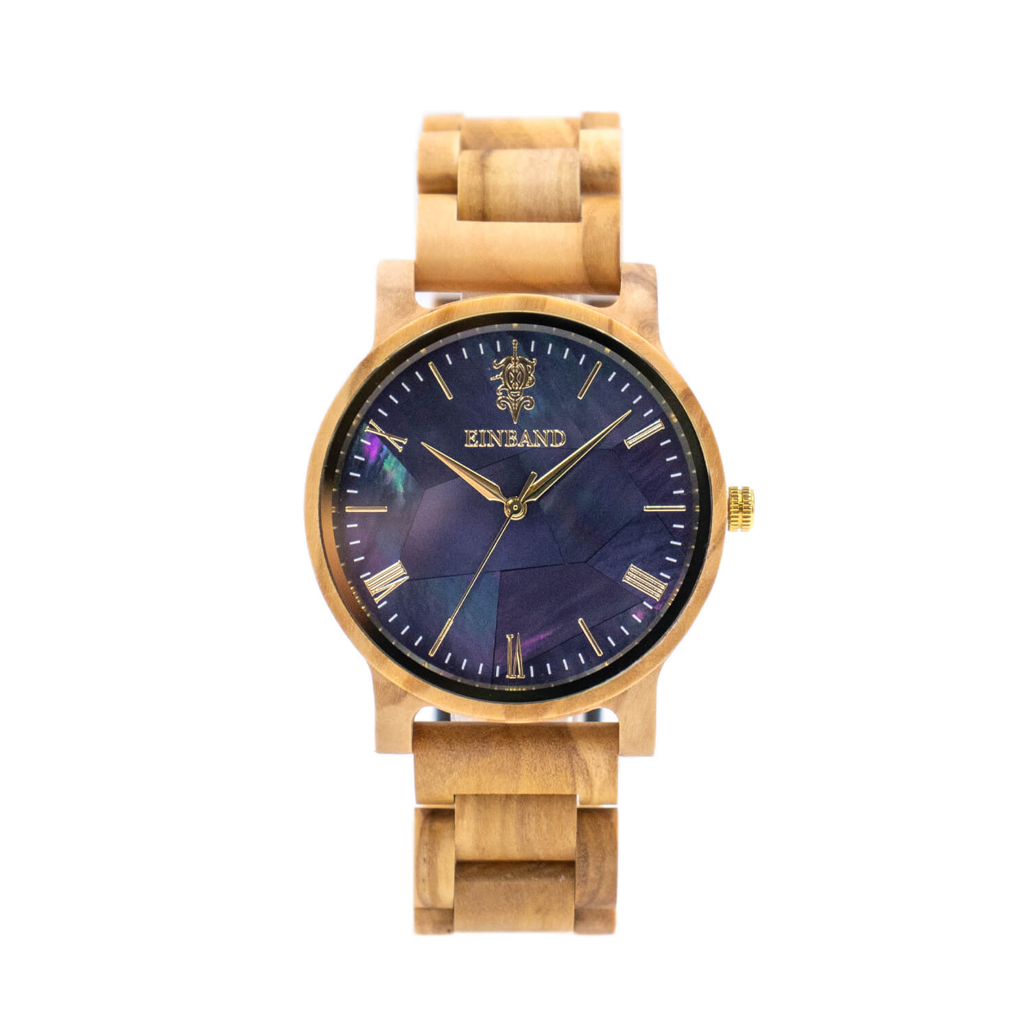 ネイビーブルーマザーオブパールとオリーブの木製腕時計 40mm 男性向け Reise