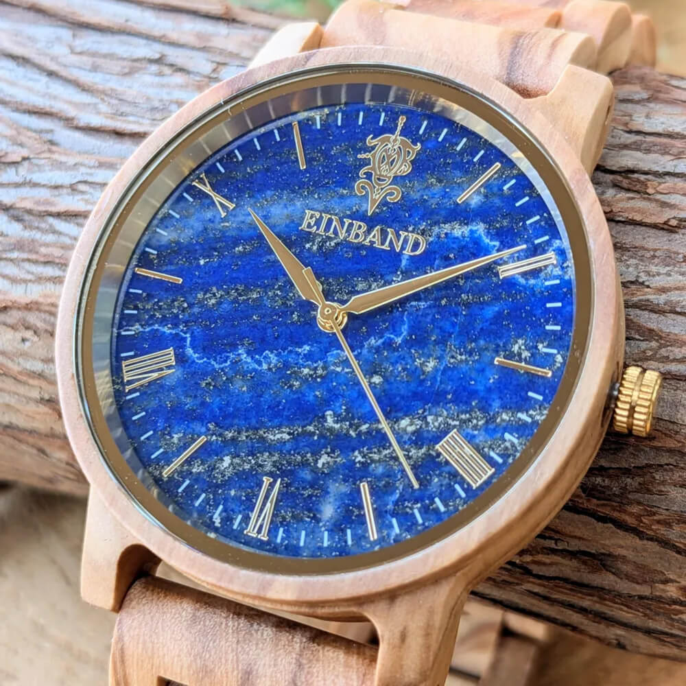 ラピスラズリとオリーブの木製腕時計 40mm 男性向け Reise