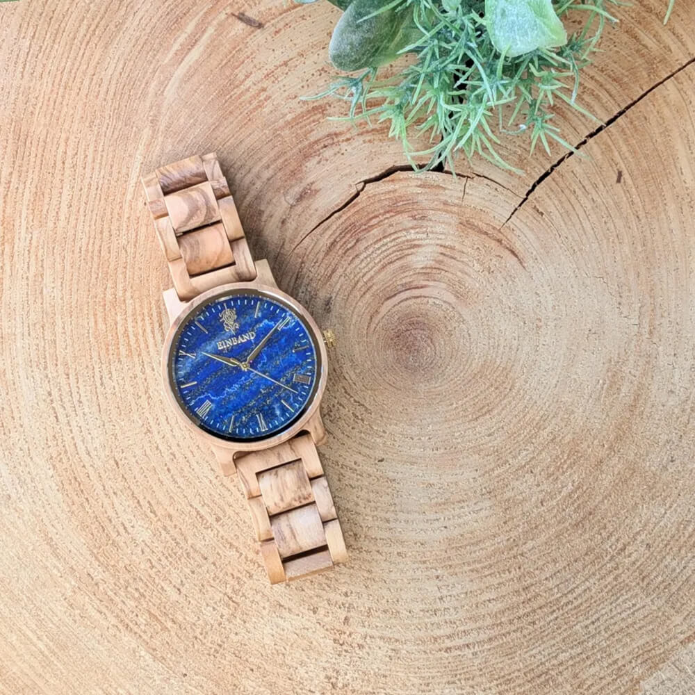 ラピスラズリとオリーブの木製腕時計 40mm 男性向け Reise