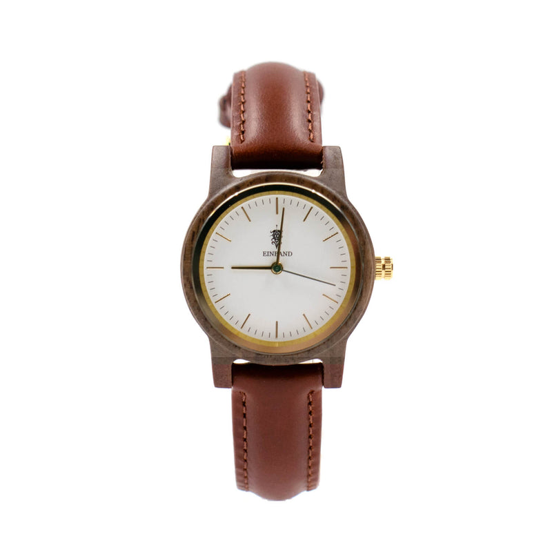 クルミの木製腕時計 32mm 女性向け Glanz WHITE 本革レザーベルト 茶
