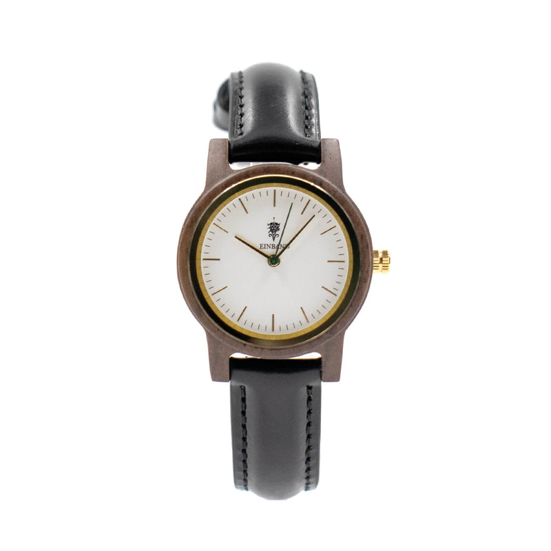 クルミの木製腕時計 32mm 女性向け Glanz WHITE 本革レザーベルト 黒