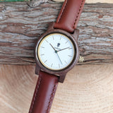 クルミの木製腕時計 32mm 女性向け Glanz WHITE 本革レザーベルト ブラウン 茶