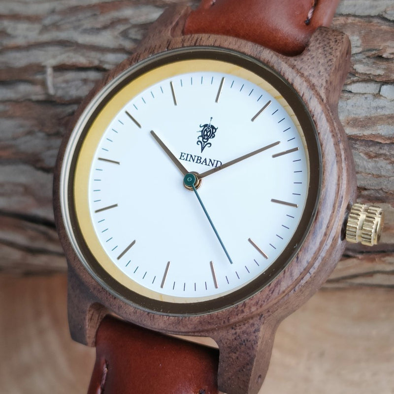 クルミの木製腕時計 32mm 女性向け Glanz WHITE 本革レザーベルト ブラウン 茶