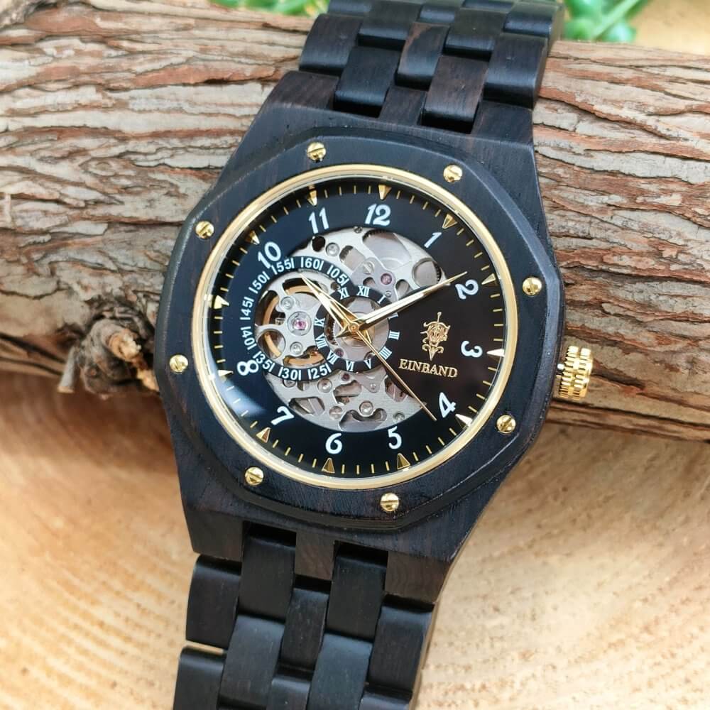 Automatic wooden watch black dial Ebony Wood 46mm for men Meteor Ebony Wood 